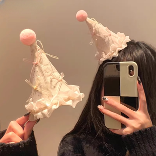 发箍侧边节日鸭嘴道具粉色高级丝带氛围发饰花童ins纱帽宝宝头纱