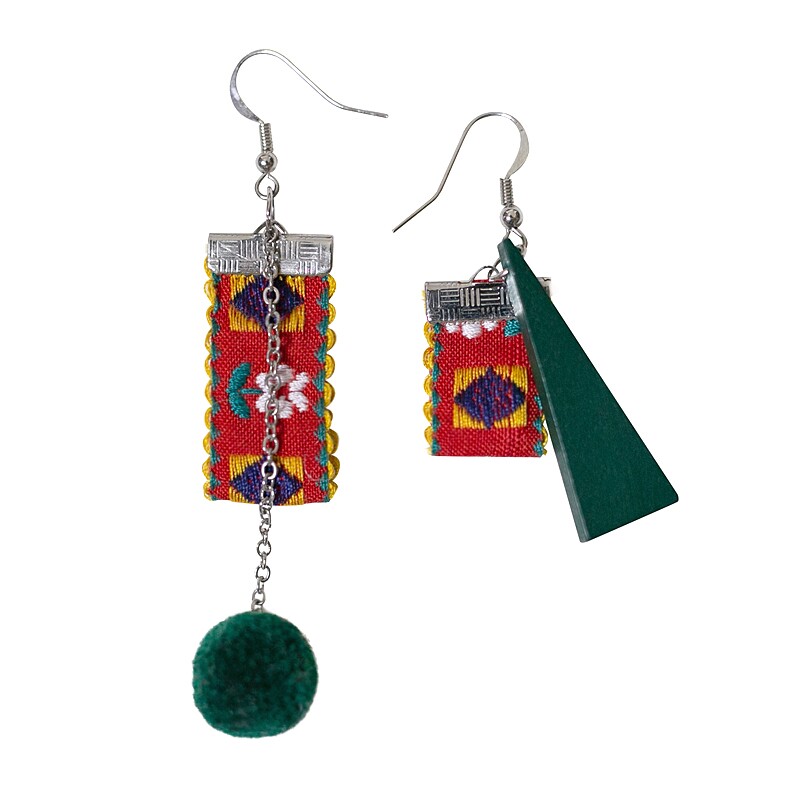 民族风耳饰丢了一只耳环不对称长款红色绿色布艺复古耳坠饰品女