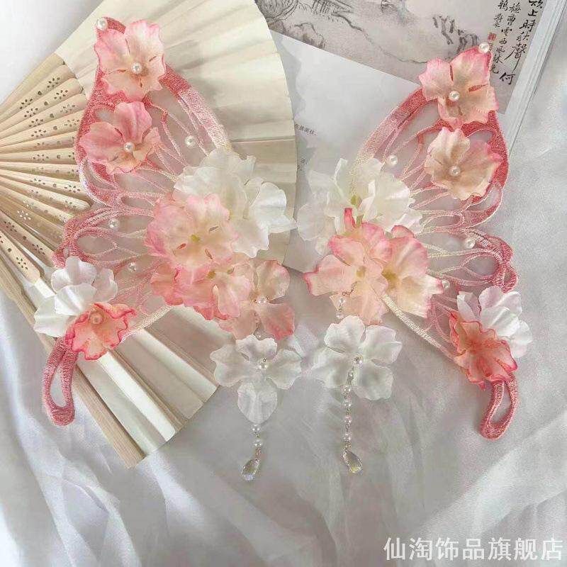 裙子对装蝴蝶结新中式可爱照发辫子季绢拍照饰边花朵绢花发夹发卡