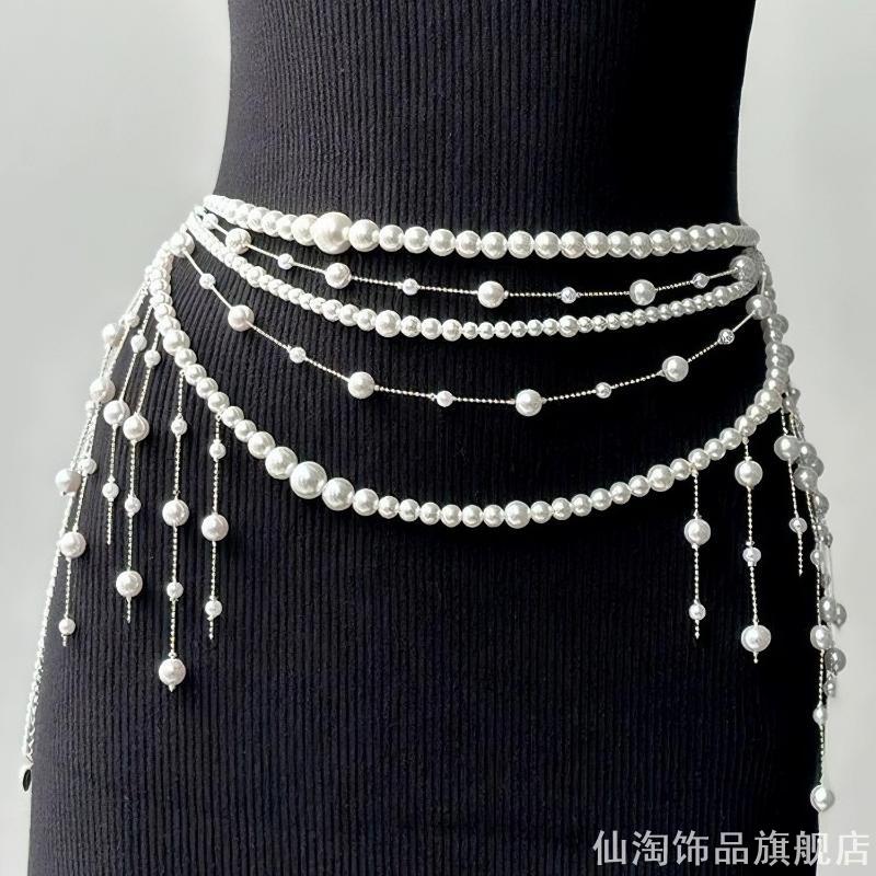 超仙多层仿珍珠串珠腰链女欧美风