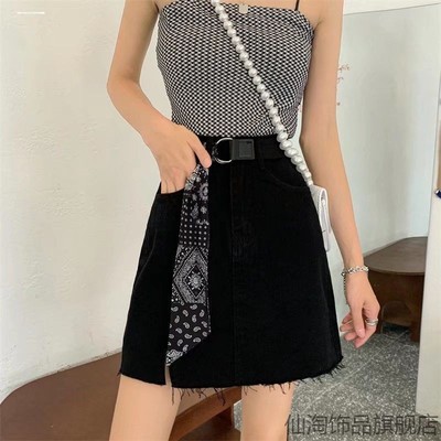 裤子阔腿双环扣雪纺布男女搭配黑色装饰设计女生帆布拼丝巾腰带