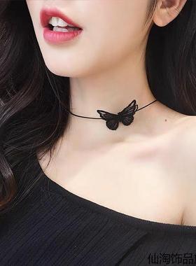 蕾丝小锁骨项链女脖子蝴蝶结可爱软萌妹白黑色颈链项圈颈带
