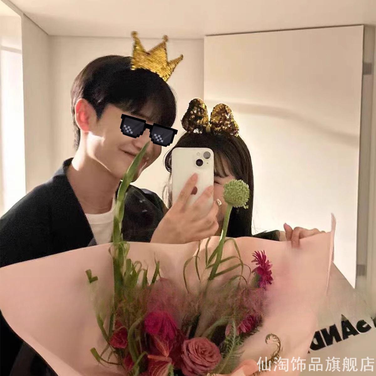 纱帽情侣款金色亮片箍头头箍韩式氛围感发饰装饰用品男生王冠聚会