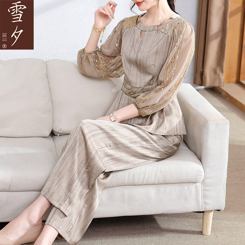 妈妈春装2026新款洋派雪纺两件套中老年女装休闲套装端庄大气上衣
