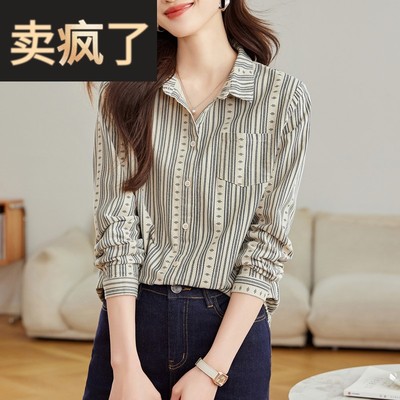 2025年春季新款纯棉衬衫女竖条纹复古风正肩翻领长袖衬衣洋气上衣