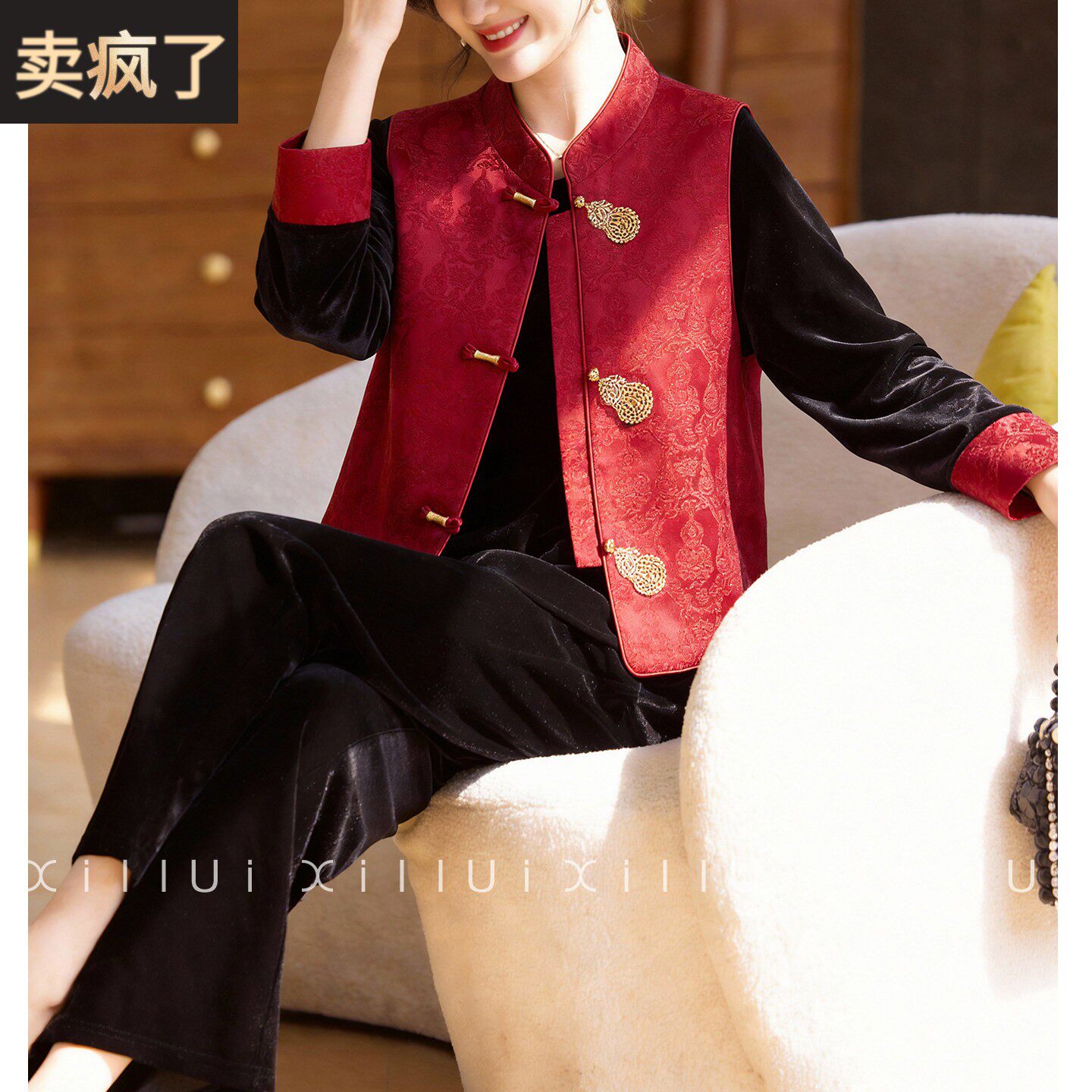 喜卉新中式刺绣马甲中老年女装提花国风妈妈春装新年上衣裤子套装