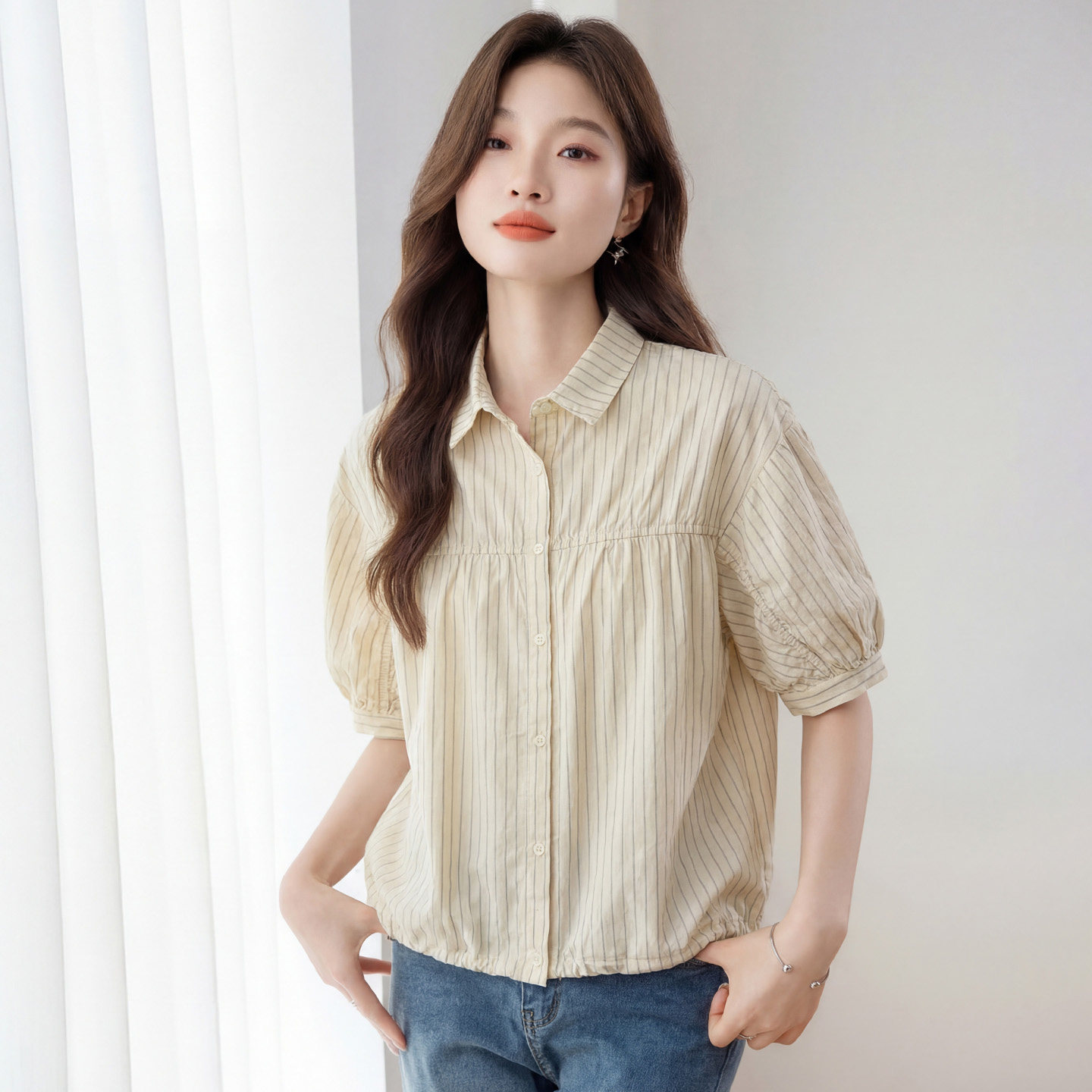 小清新风条纹衬衫女短袖