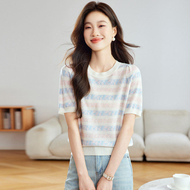 冰丝针织短袖t恤女2026新款夏季高端欧货爆款条纹莱赛尔天丝上衣