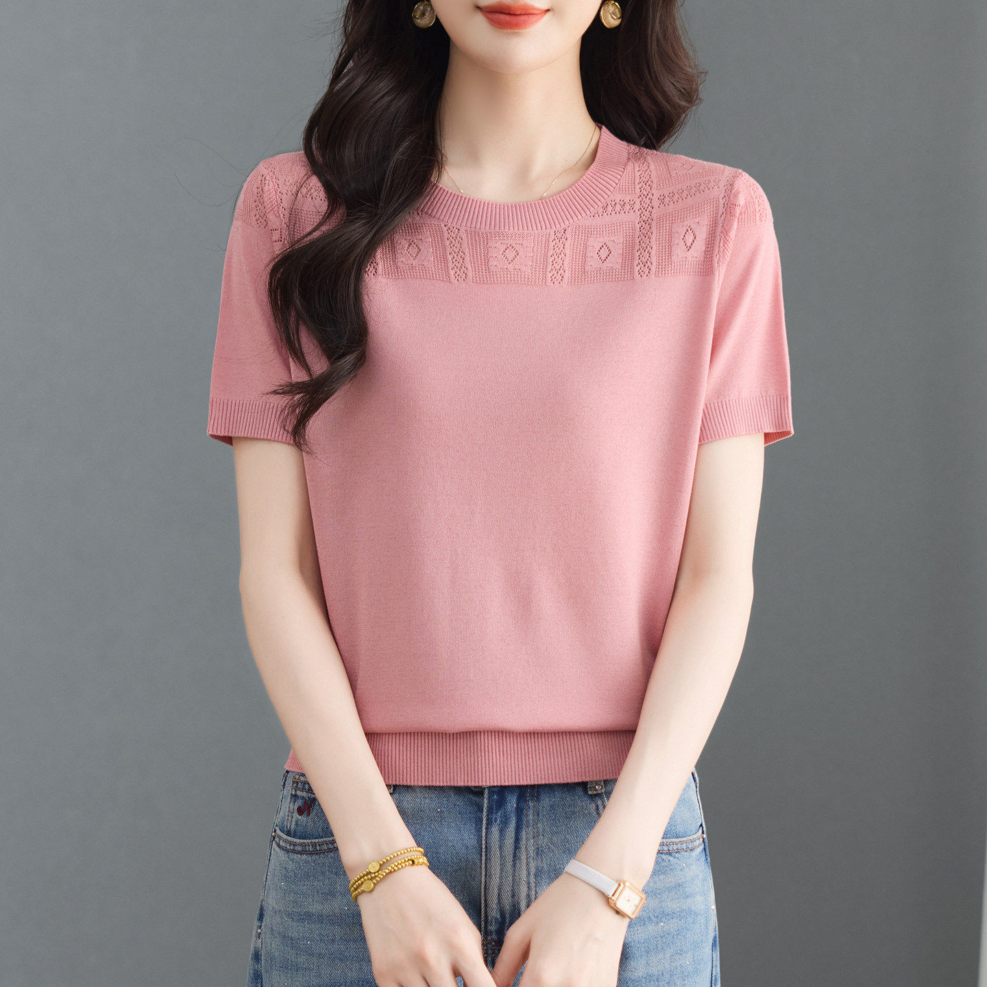 冰丝短袖t恤女中年妈妈夏装圆领复古镂空提花纯色针织衫薄款上衣