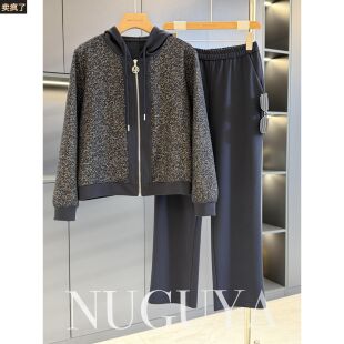 时尚休闲妈妈装帽衫两件套女开衫春装新款气质百搭中老年套装卫衣