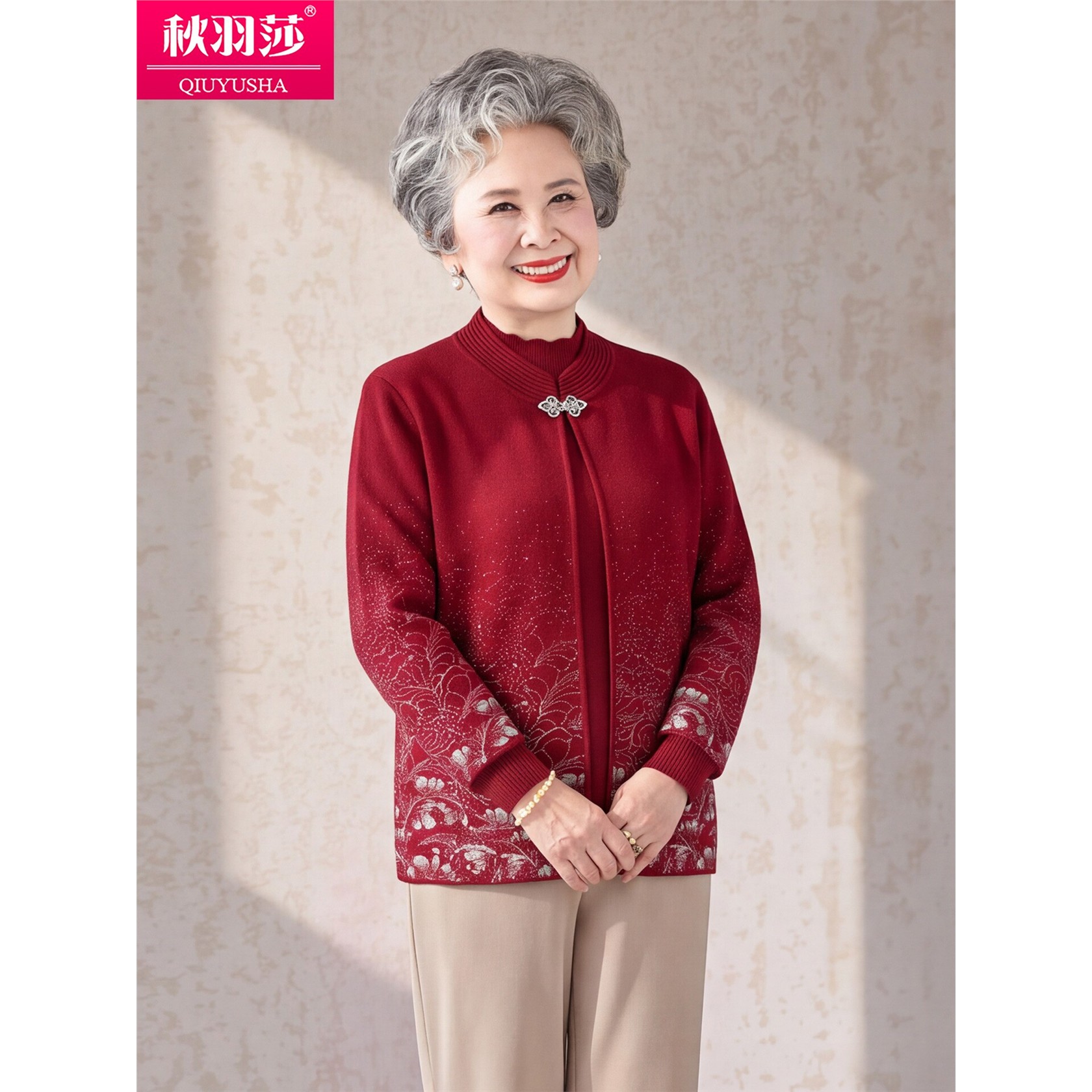 中老年人女装红色圆领开