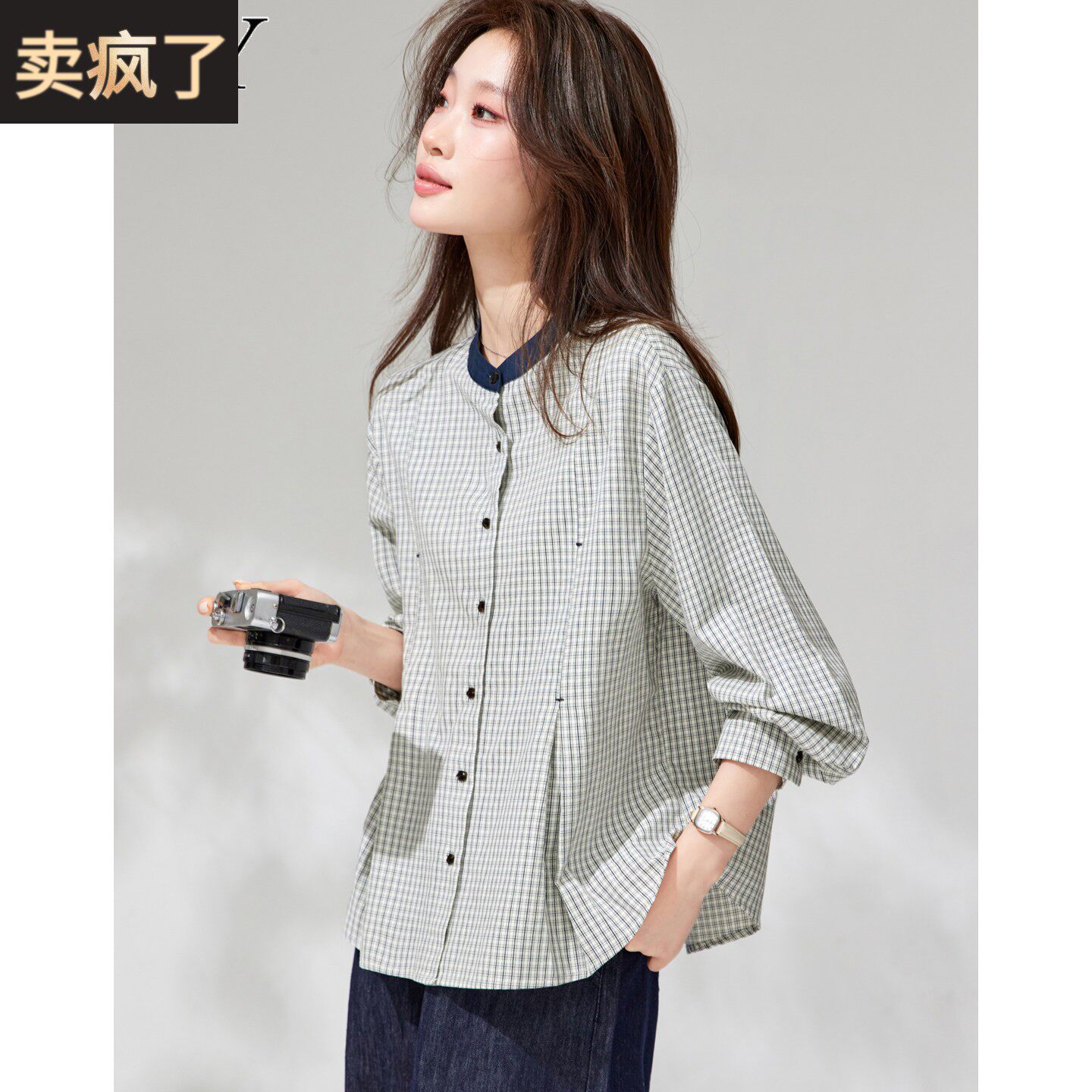 2026春装新款纯棉减龄文艺格子小个子衬衫宽松遮肚子小衫上衣女装