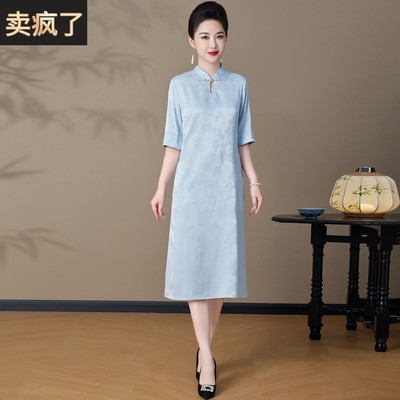 新中式改良旗袍真丝连衣裙女2025新款夏季中老年妈妈桑蚕丝长裙子