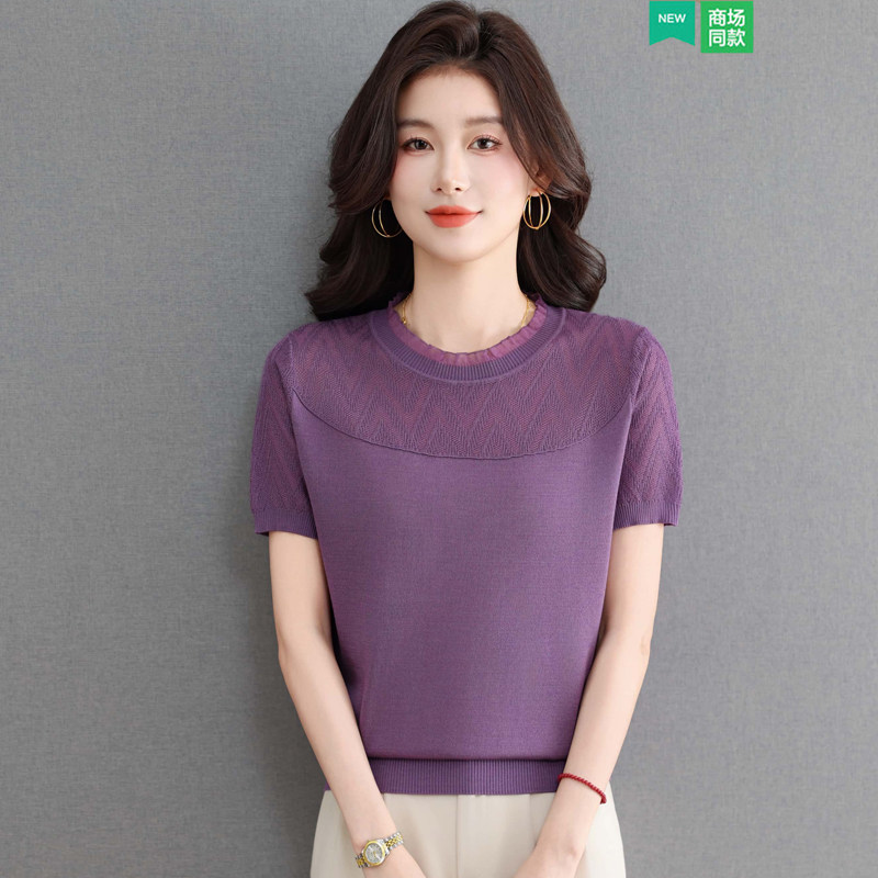网纱蕾丝领短袖t恤女夏季