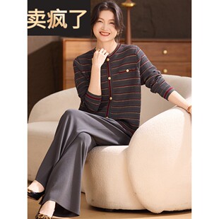 喜卉中老年女装针织条纹上衣直筒裤子两件套妈妈秋装新款运动套装