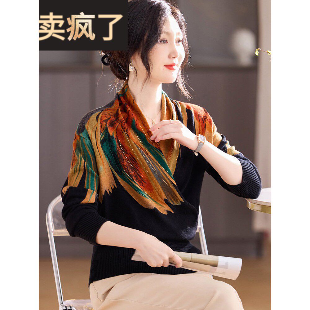 2025新款妈妈时尚秋装打底小衫印花上衣中年妇女高贵阔太太针织衫