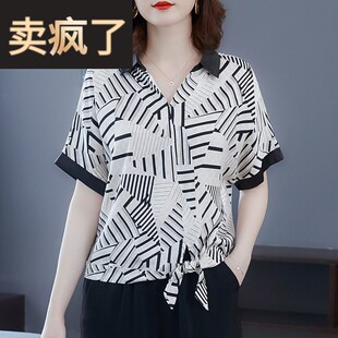 年轻妈妈夏装时尚宽松短袖衬衫上衣中年女士洋气条纹T恤雪纺小衫