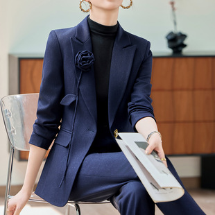 藏青色职业西装外套女高级感主持人上镜正装西服套装时尚工作服春