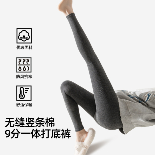 袜不掉档 秋冬加绒加厚保暖连裤 九分条纹灰色打底裤 女外穿胖mm大码