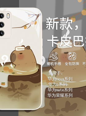 适用荣耀100pro手机壳卡皮巴拉华为pura70可爱mate60泡茶水豚nova12/13/p60/p50新款11玻璃50/40/30/10/9/200