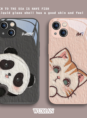 适用iPhone17手机壳熊猫苹果14promax/iPhone16/13情侣ip12mini可爱11简约15猫咪xsmax新款xr女款8plus玻璃7