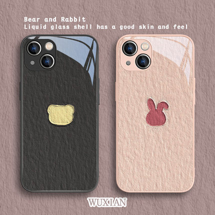 适用苹果15手机壳情侣兔子iPhone17promax/16熊猫13简约11mini情侣款14新款xr高级感8plus男7p女款xsmax玻璃x