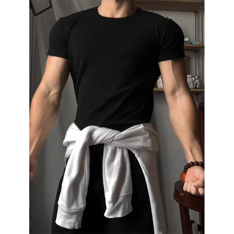 健身收紧袖口t恤男夏小领口显肌肉短袖修身索罗娜两感半截袖上衣