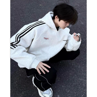 白花灰三条杠重磅质感卫衣男春秋美式潮牌高级感痞帅宽松连帽外套