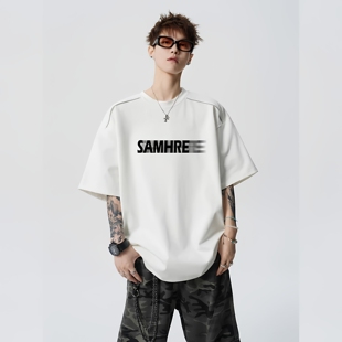 ins设计感落肩半袖 美式 新款 t恤男生夏季 上衣 痞帅潮牌重磅白色短袖