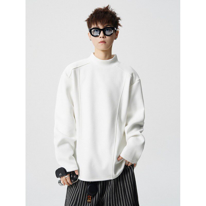 冬季保暖内搭上衣美式正肩长袖T恤男款解构拼接半高领德绒打底衫