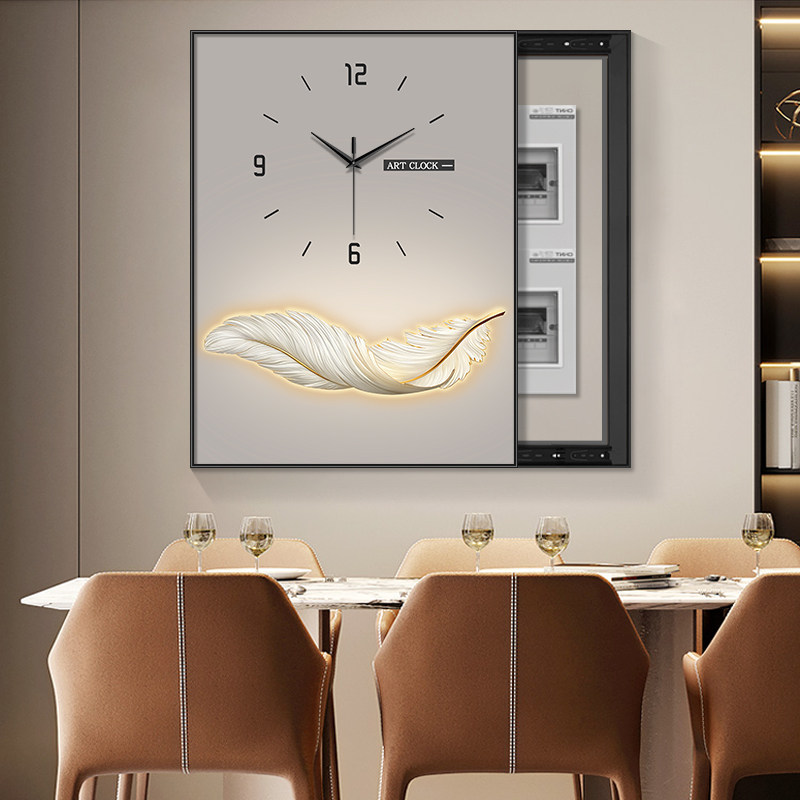 竖款电表箱装饰画时钟轻奢羽毛餐厅配电箱电源总开关遮挡画带钟表