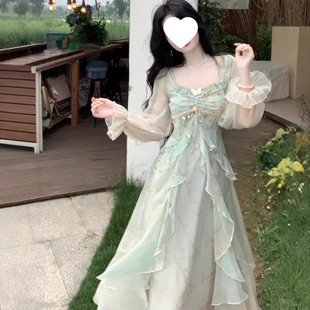 法式茶歇纯欲风公主长裙纯欲仙气灰晕染荷叶边朦胧美感连衣裙女