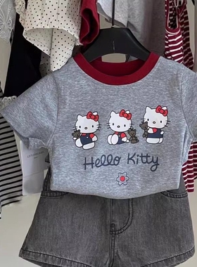 女童纯棉短袖休闲T恤2025夏装新款时尚百搭儿童kitt印花短袖上衣t