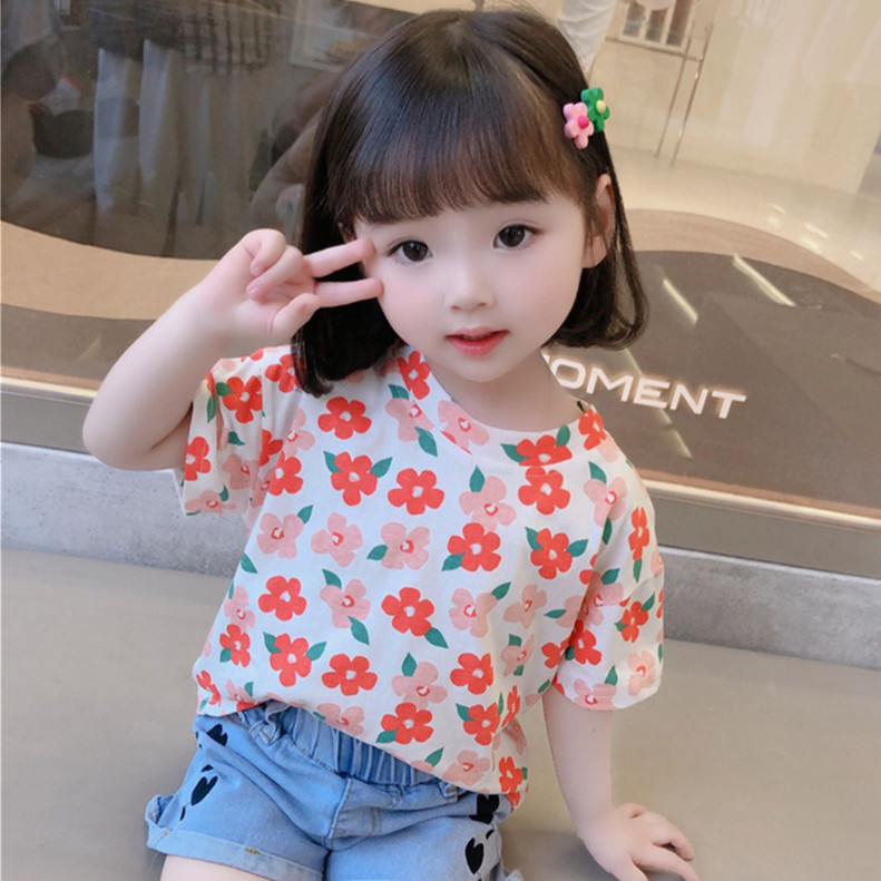 girl Western style pure cotton Floret 2021 new pattern Red in children Summer wear Female baby Short sleeved Semi-sleeved shirtin the Children/Baby/Family fitted , T-shirt  category - from Buy2taobao.com to provide professional Taobao agent buy service