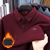 婚宴喜爸爸冬款 本命年打底衫 红色假两件毛衣中老年人男装 加绒加厚