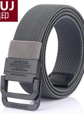 日本2025新款男士松紧弹力帆布皮带黑色平滑双环扣裤带年轻人腰带