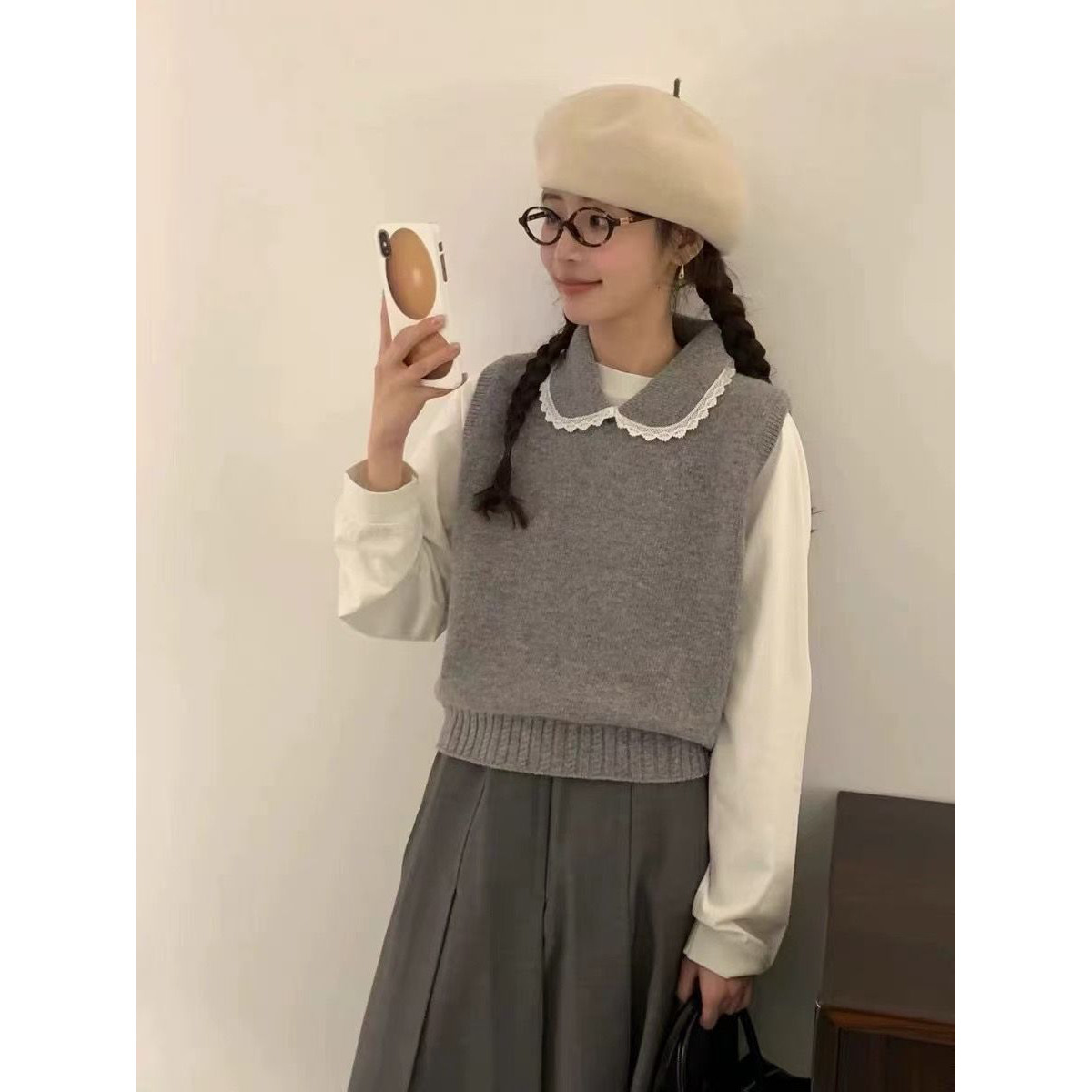 韩国东大门egg秋冬新款蕾丝花边元宝领无袖宽松马甲