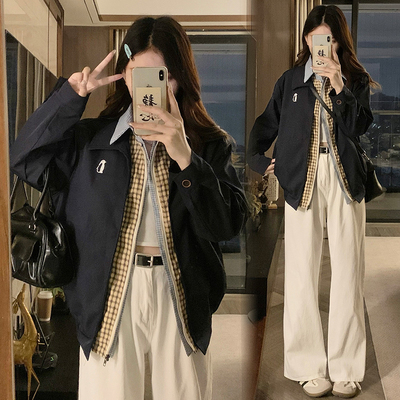 春装女款2025年开春新款外套美式复古宽松设计感假三件夹克上衣潮