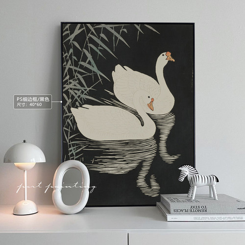 港画 White swan天鹅画黑白极简主义风格装饰画客厅大幅落地画