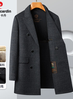 皮尔卡丹羊毛呢子大衣男英伦中长款格子双面呢风衣秋冬外套双排扣