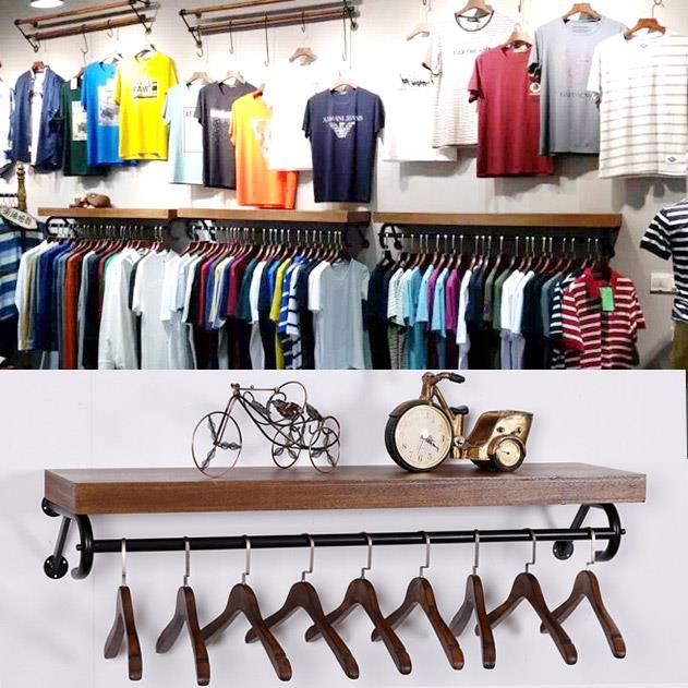 服装店挂钩上墙衣架展示架复古实木侧挂衣服陈列货架正挂墙壁墙上