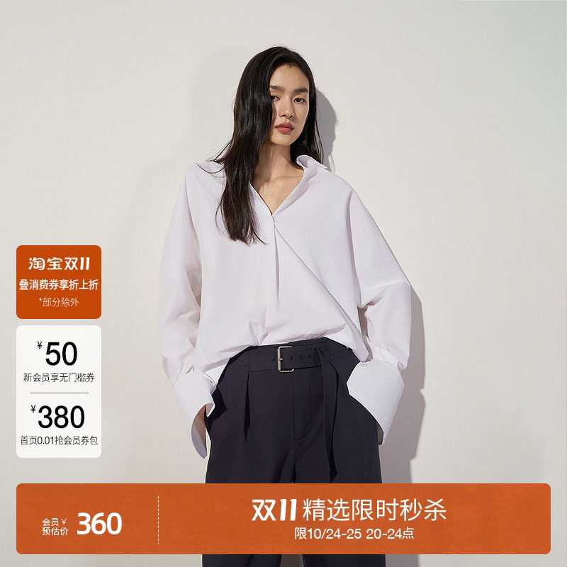 OCHIRLY欧时力纯棉V字翻领中长款衬衫上衣流行防晒空调衫秋