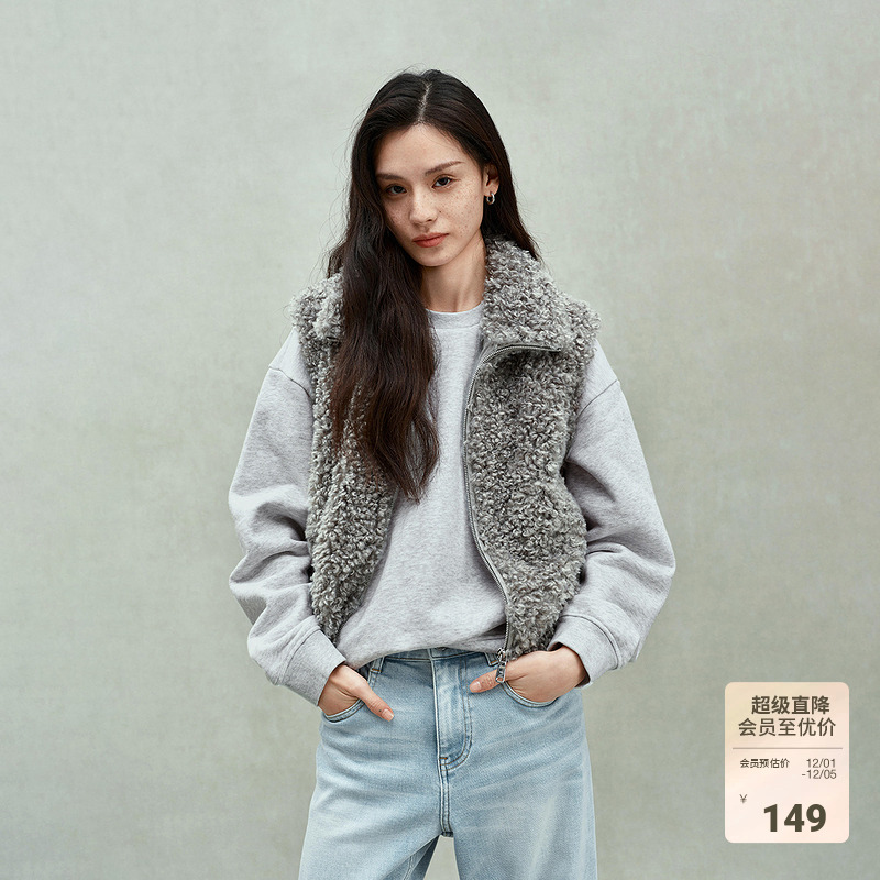 ochirly欧时力 轻盈环保皮草马甲外套女拉链两穿领2025春季新品