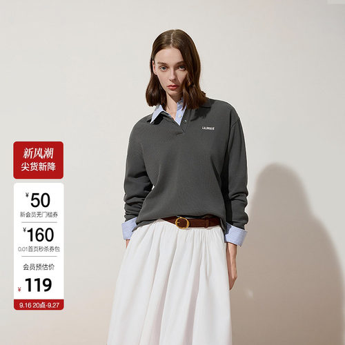 OCHIRLY欧时力 100%棉Polo领长袖T恤女上衣绣花气质秋冬