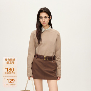 OCHIRLY欧时力 100%棉长袖t恤女上衣纯色气质高级休闲秋冬新品