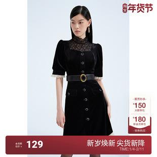 黑标系列 欧时力 丝绒短袖连衣裙秋装法式宫廷风小黑裙