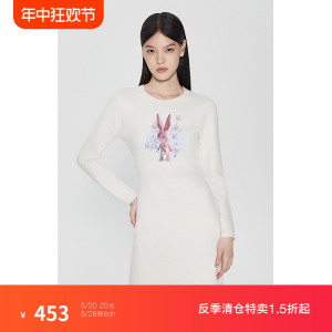 【反季款】欧时力印花毛织连衣裙女2023新款冬装中裙绣花收腰显瘦