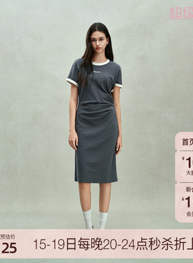 ochirly欧时力 抽褶插肩连衣裙女刺绣撞色收腰休闲2025春季新品