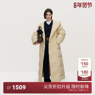 OCHIRLY欧时力 连帽长款羽绒服外套女慵懒袍式配腰带2024冬季新品