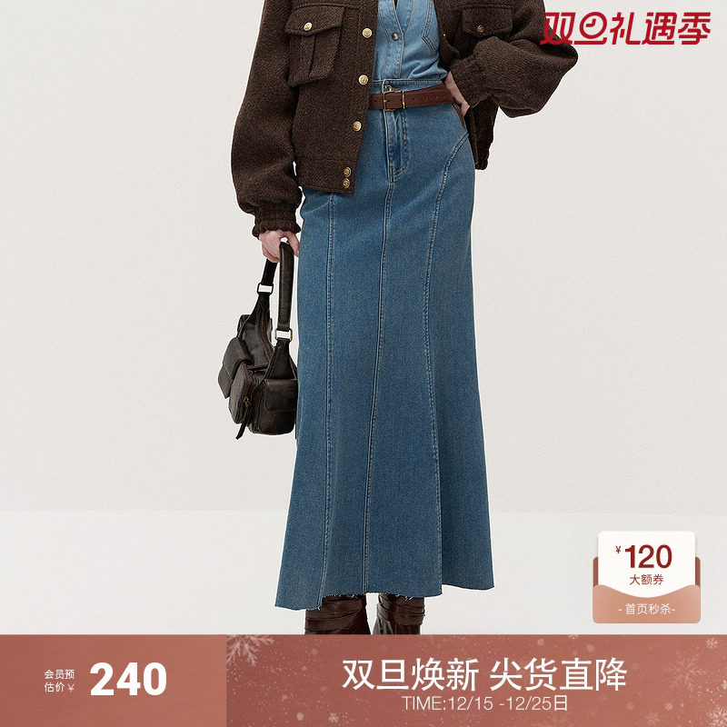 ochirly欧时力立体廓形加绒牛仔半身裙a字长裙伞裙2025秋冬新款
